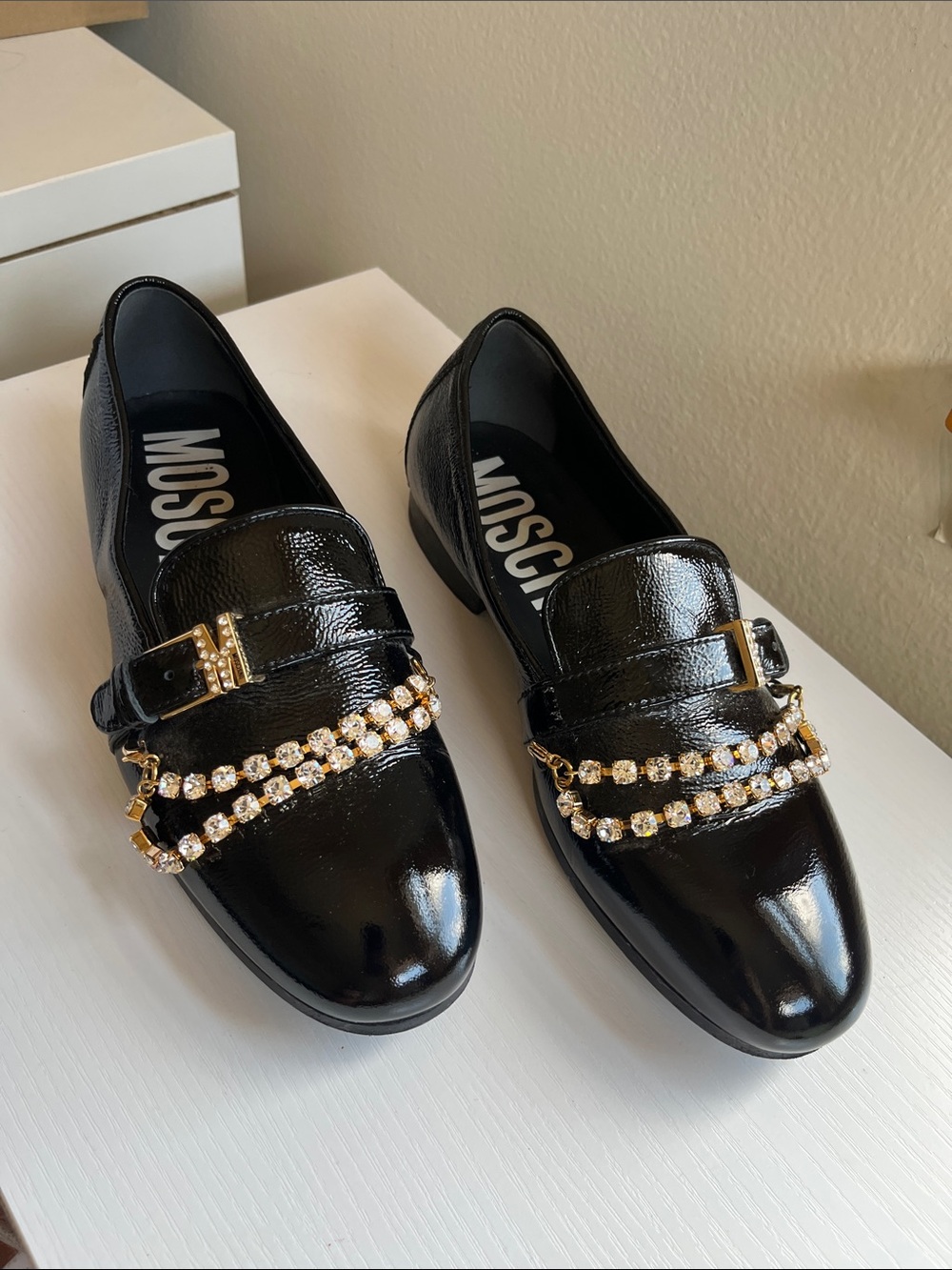 Moschino Patent Leather Chain Loafers
